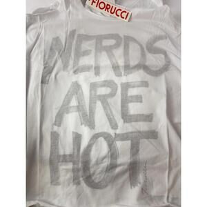 Fiorucci Open Shoulder Top Size L White Nerds Are Hot Print New Italy